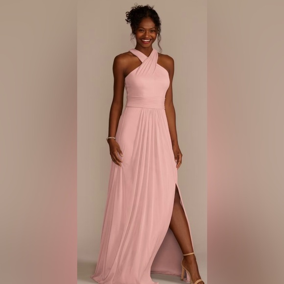 David’s Bridal Crisscross High-Neck Mesh Dress. Bridesmaid Dress - Picture 1 of 2